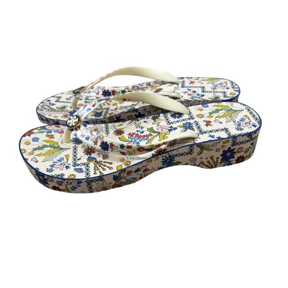 Tory Burch Printed Carved-Wedge flip-flop sandals ivory soleil Size 9 - Picture 4 of 7